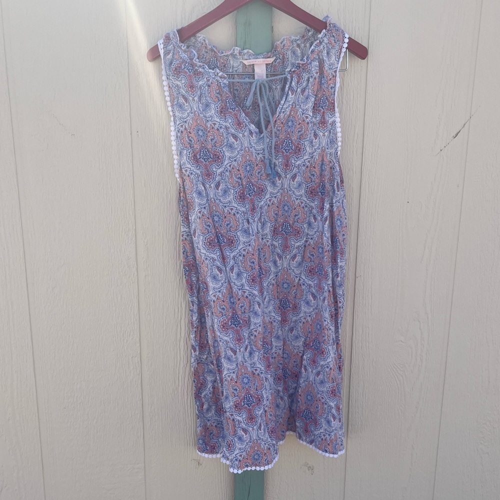 Victoria's Secret Paisley Sleeveless Chemise Nightgown Large Boho Pom Pom Trim